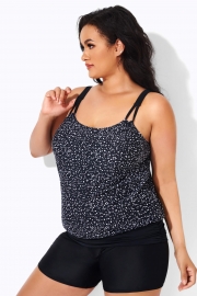 Black White Dot Loop Strap Blouson Tankini Top