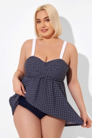 Navy and White Dots Twist Front Tankini Top
