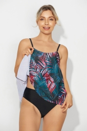 AquaNora Ruffled Leaf Print Mesh Layered Tankini Set