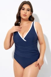 Blue Twist Front Plunge White Trim One Piece Swimsuit