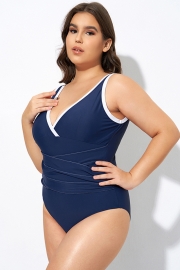 Blue Twist Front Plunge White Trim One Piece Swimsuit