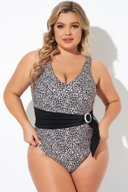 Animal Print V-neck Wide Straps One Piece Swimsuit