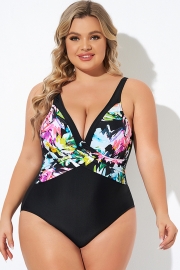 Elegant Flower Print V-neckline One Piece Swimsuit