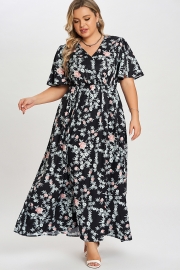 Multicolor Floral Flutter Sleeve Pocket Split Maxi Dress