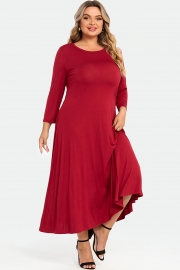 Red Comfy 3/4 Sleeve Flare A-line Midi Long Maxi Dress