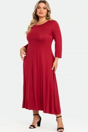 Red Comfy 3/4 Sleeve Flare A-line Midi Long Maxi Dress
