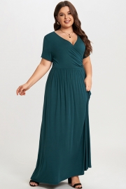 Classic V-neck and Short Sleeves Wrap Maxi Dress