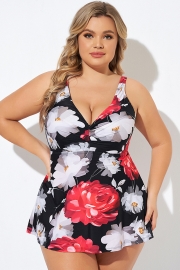 Roses Printed V neck Wide Strap Tankini Top