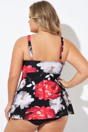 Roses Printed V neck Wide Strap Tankini Top