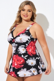 Roses Printed V neck Wide Strap Tankini Top