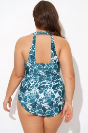 Flower Printed H-Back Sarong Front One Piece Swimsuit