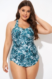 Flower Printed H-Back Sarong Front One Piece Swimsuit