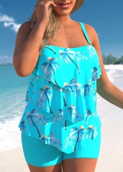 Coconut Tree Print Cyan Layered Hem Tankini Set