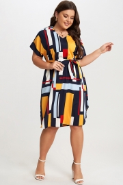 Print Color Block Dolman Sleeve Belted Plus Size Midi Dress