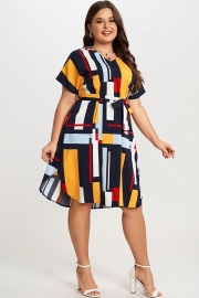 Print Color Block Dolman Sleeve Belted Plus Size Midi Dress