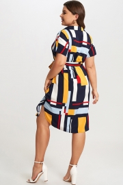 Print Color Block Dolman Sleeve Belted Plus Size Midi Dress