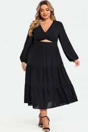Black Long Sleeves Cutout  A-line Midi Dress