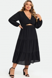 Black Long Sleeves Cutout  A-line Midi Dress