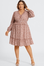 Pink Short Sleeve Peplum V Neck Midi Dress
