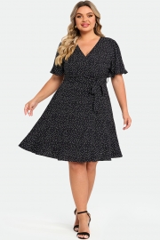 White Polka Dots Print Short Sleeve Wrap Midi Dress