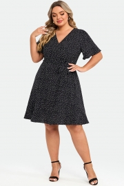 White Polka Dots Print Short Sleeve Wrap Midi Dress