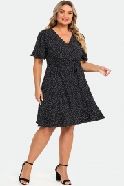 White Polka Dots Print Short Sleeve Wrap Midi Dress