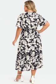 Black & White Floral Print V-Neck Maxi Dress