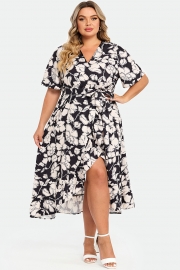 Black & White Floral Print V-Neck Maxi Dress