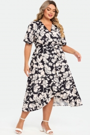 Black & White Floral Print V-Neck Maxi Dress