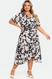 Black & White Floral Print V-Neck Maxi Dress