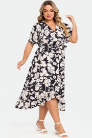 Black & White Floral Print V-Neck Maxi Dress
