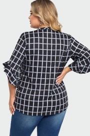Plus Size Plaid Split V-Neck 3/4 Ruffle Sleeve Blouse