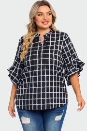 Plus Size Plaid Split V-Neck 3/4 Ruffle Sleeve Blouse