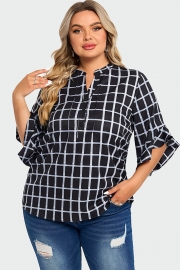 Plus Size Plaid Split V-Neck 3/4 Ruffle Sleeve Blouse