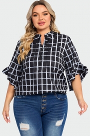 Plus Size Plaid Split V-Neck 3/4 Ruffle Sleeve Blouse