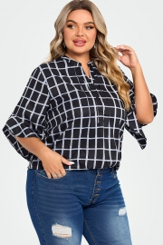 Plus Size Plaid Split V-Neck 3/4 Ruffle Sleeve Blouse