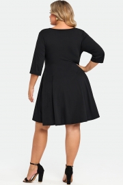 Black Wrap Shirring 3/4 Sleeves Pocket Midi Dress