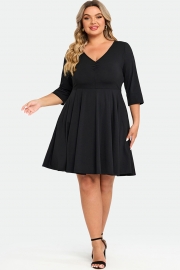 Black Wrap Shirring 3/4 Sleeves Pocket Midi Dress