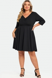 Black Wrap Shirring 3/4 Sleeves Pocket Midi Dress