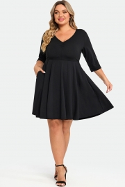 Black Wrap Shirring 3/4 Sleeves Pocket Midi Dress
