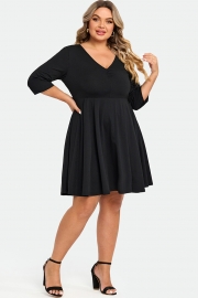 Black Wrap Shirring 3/4 Sleeves Pocket Midi Dress