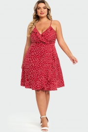 Allover Heart Print Wrap Cami Ruffles Midi Dress
