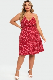 Allover Heart Print Wrap Cami Ruffles Midi Dress