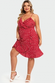Allover Heart Print Wrap Cami Ruffles Midi Dress