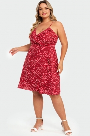 Allover Heart Print Wrap Cami Ruffles Midi Dress