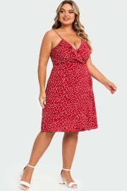 Allover Heart Print Wrap Cami Ruffles Midi Dress