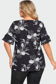Plus Size Floral Print Round Neck Ruffle Sleeves Top