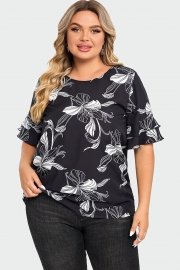 Plus Size Floral Print Round Neck Ruffle Sleeves Top