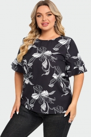 Plus Size Floral Print Round Neck Ruffle Sleeves Top