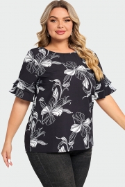 Plus Size Floral Print Round Neck Ruffle Sleeves Top